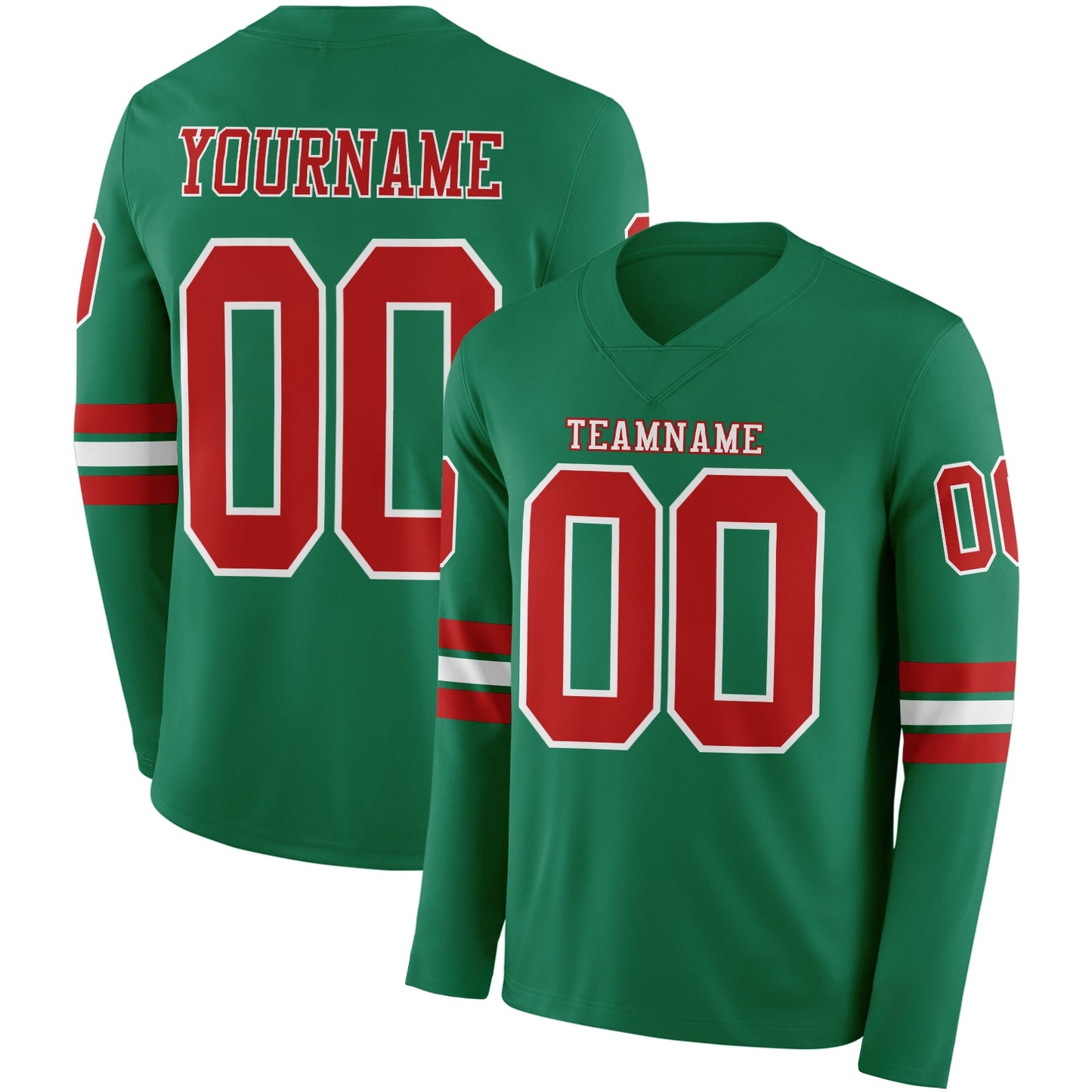 Custom Kelly Green Red-White Long Sleeve Authentic Football Jersey - Main View