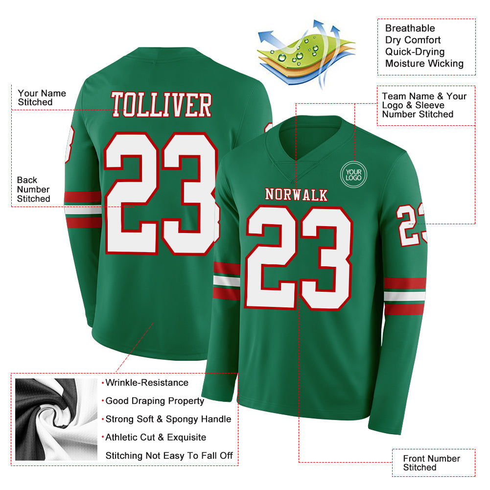 Custom Kelly Green White-Red Long Sleeve Authentic Football Jersey view 2