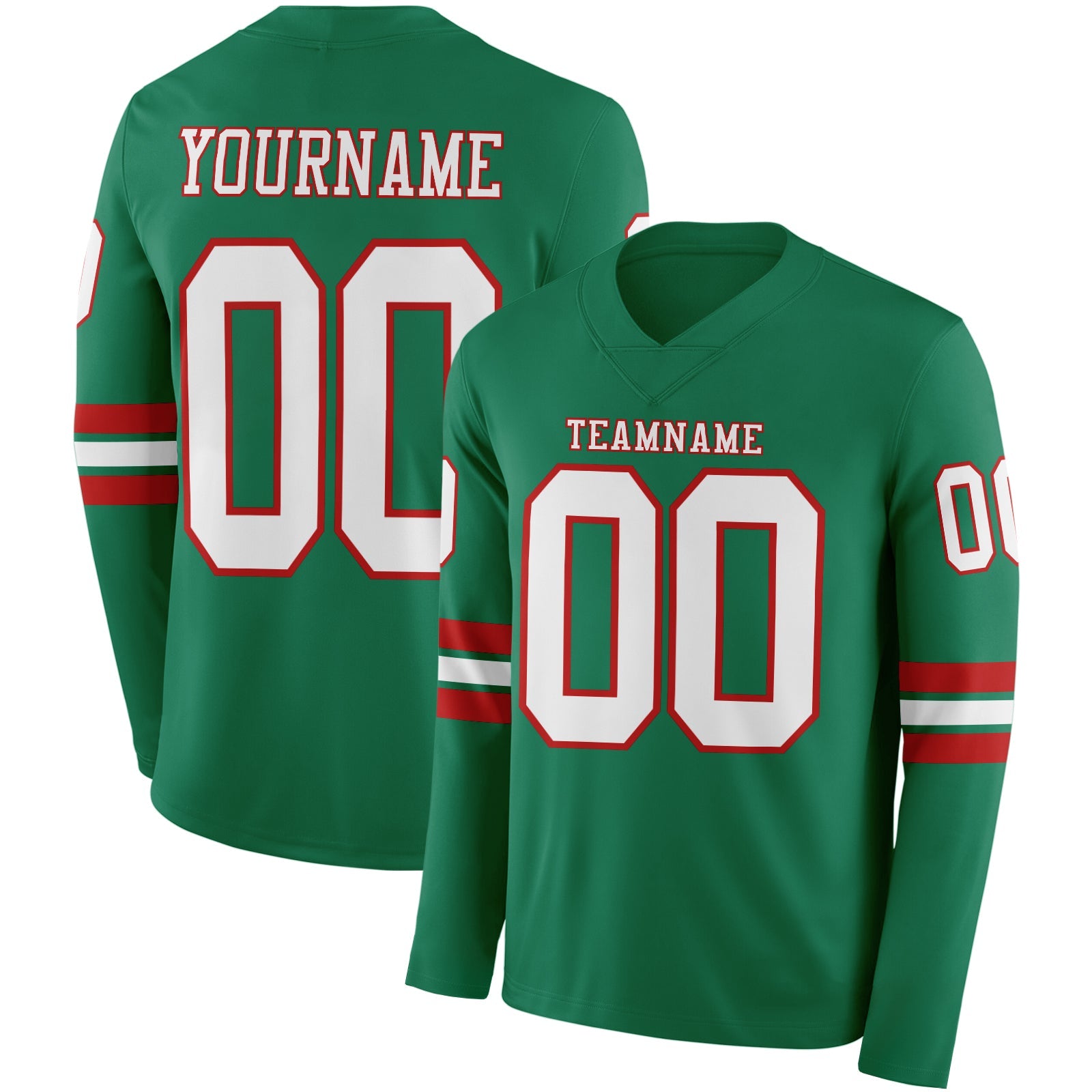 Custom Kelly Green White-Red Long Sleeve Authentic Football Jersey - Main View