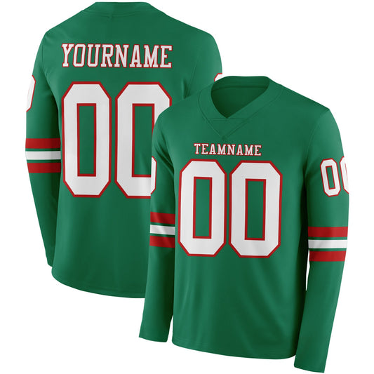 Custom Kelly Green White-Red Long Sleeve Authentic Football Jersey - Main View