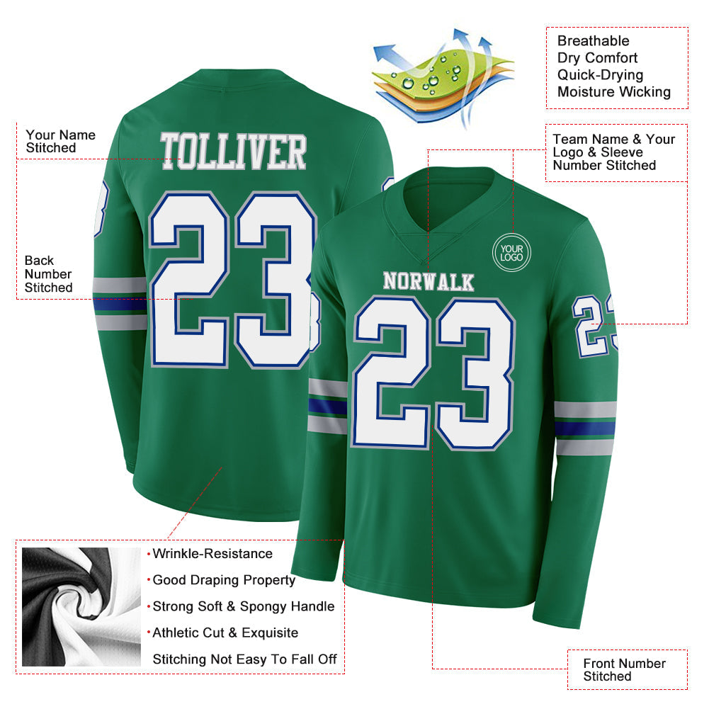 Custom Kelly Green White Royal-Gray Long Sleeve Authentic Football Jersey view 2