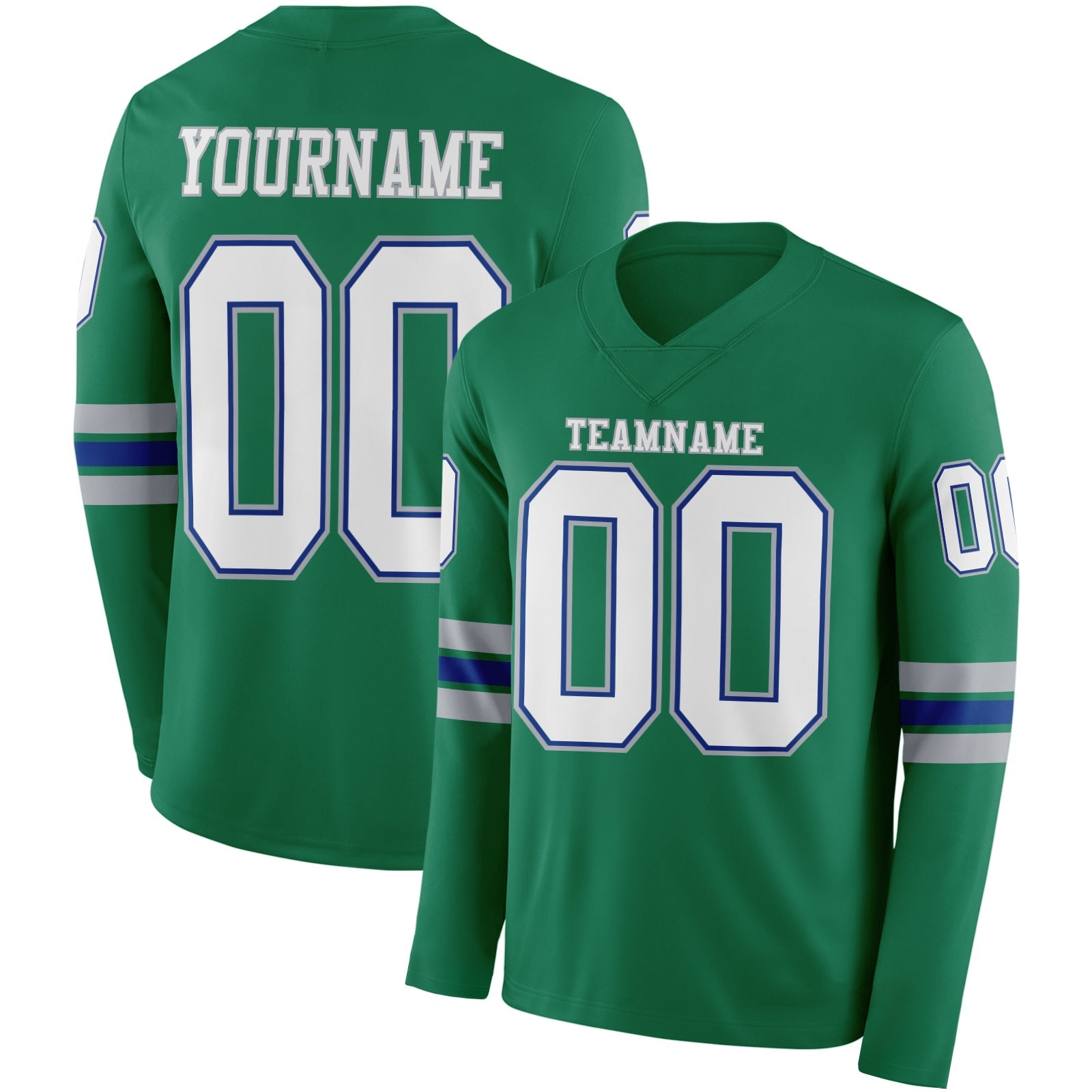 Custom Kelly Green White Royal-Gray Long Sleeve Authentic Football Jersey - Main View
