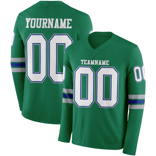 Custom Kelly Green White Royal-Gray Long Sleeve Authentic Football Jersey - Main View