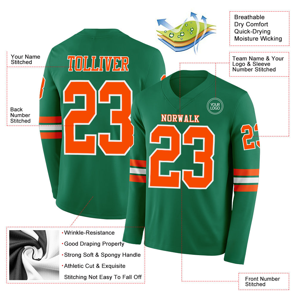 Custom Kelly Green Orange-White Long Sleeve Authentic Football Jersey view 2