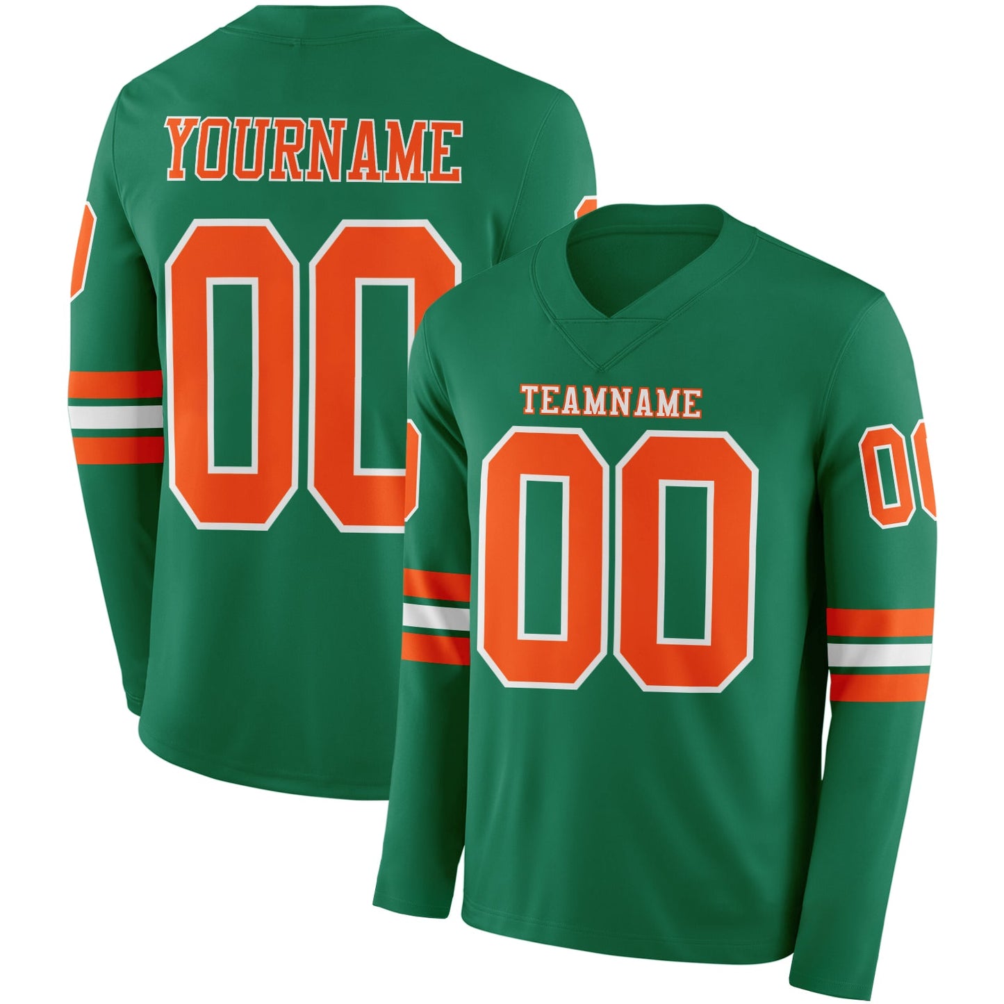 Custom Kelly Green Orange-White Long Sleeve Authentic Football Jersey - Main View