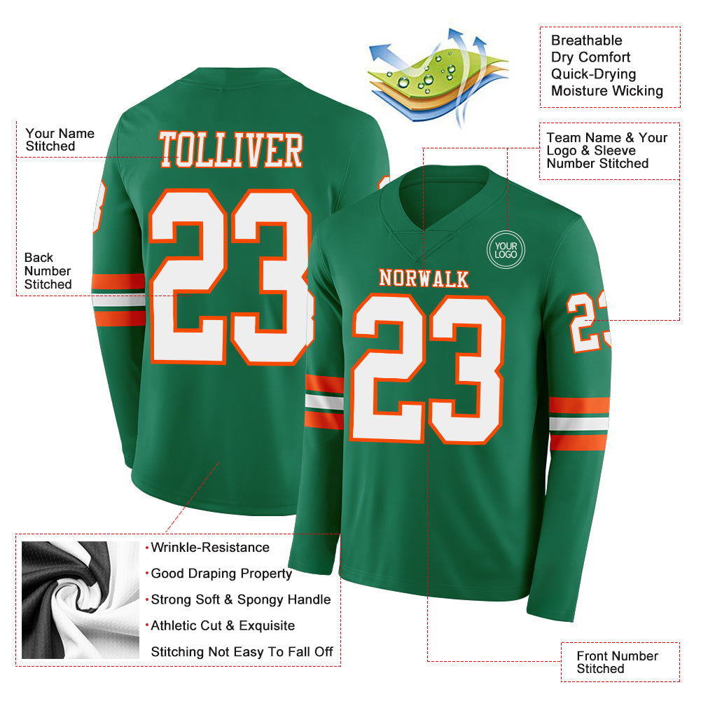 Custom Kelly Green White-Orange Long Sleeve Authentic Football Jersey view 2