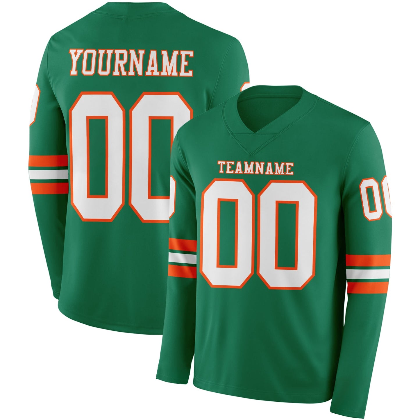 Custom Kelly Green White-Orange Long Sleeve Authentic Football Jersey - Main View