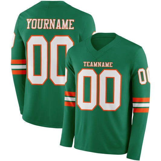 Custom Kelly Green White-Orange Long Sleeve Authentic Football Jersey - Main View
