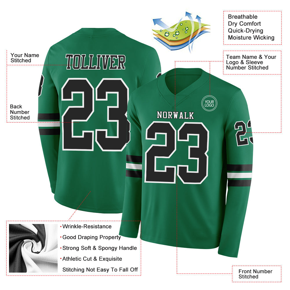 Custom Kelly Green Black-White Long Sleeve Authentic Football Jersey view 2