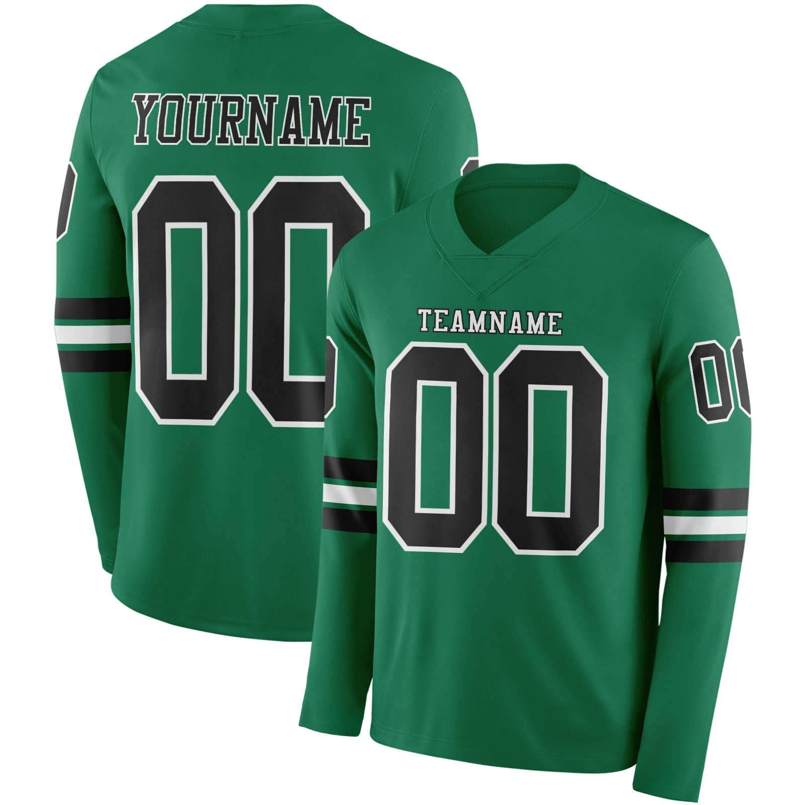 Custom Kelly Green Black-White Long Sleeve Authentic Football Jersey - Main View