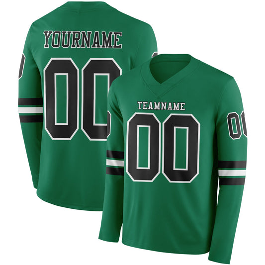Custom Kelly Green Black-White Long Sleeve Authentic Football Jersey - Main View