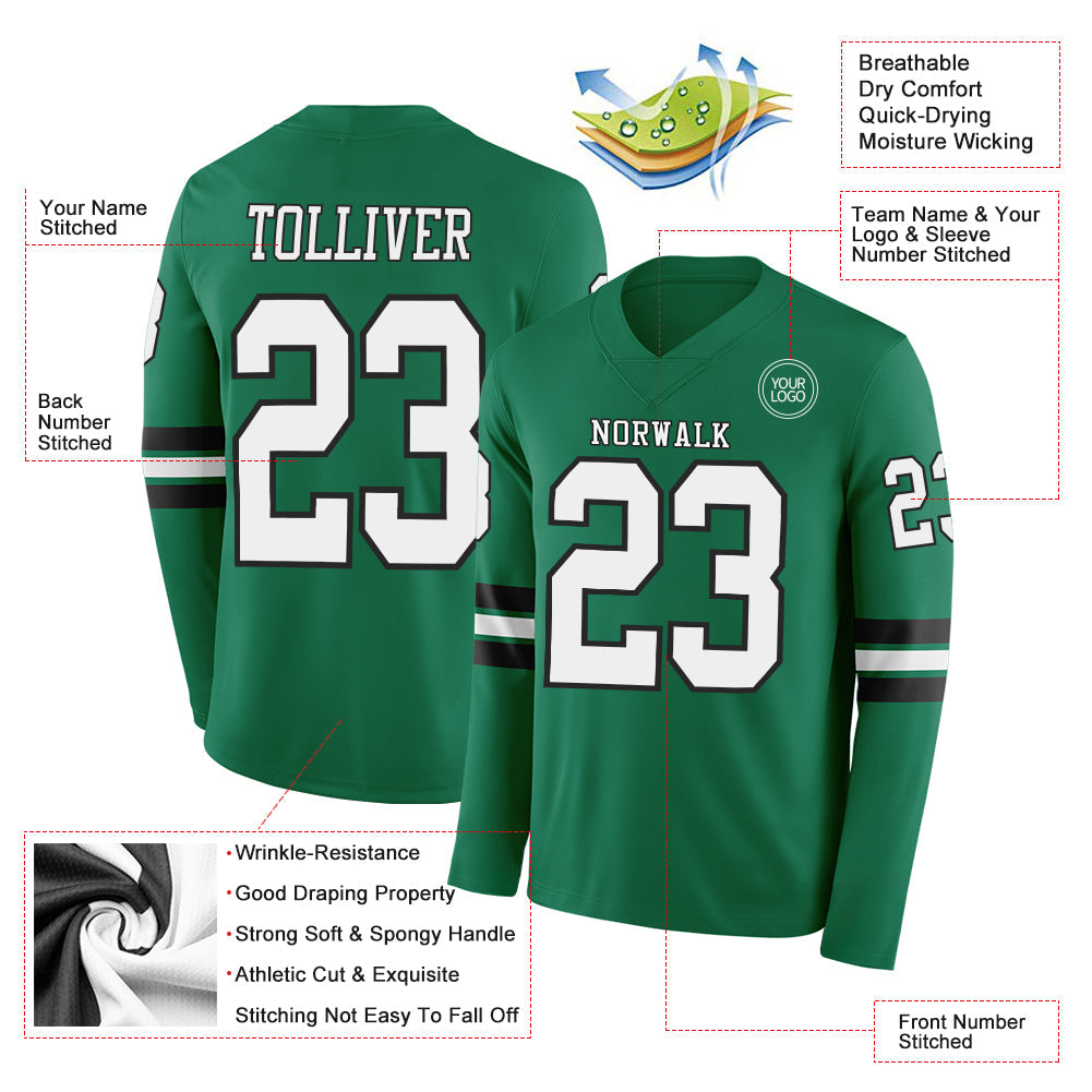 Custom Kelly Green White-Black Long Sleeve Authentic Football Jersey view 2