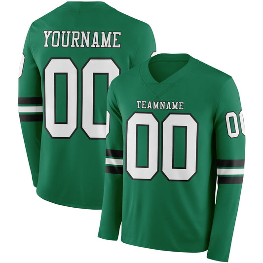 Custom Kelly Green White-Black Long Sleeve Authentic Football Jersey - Main View