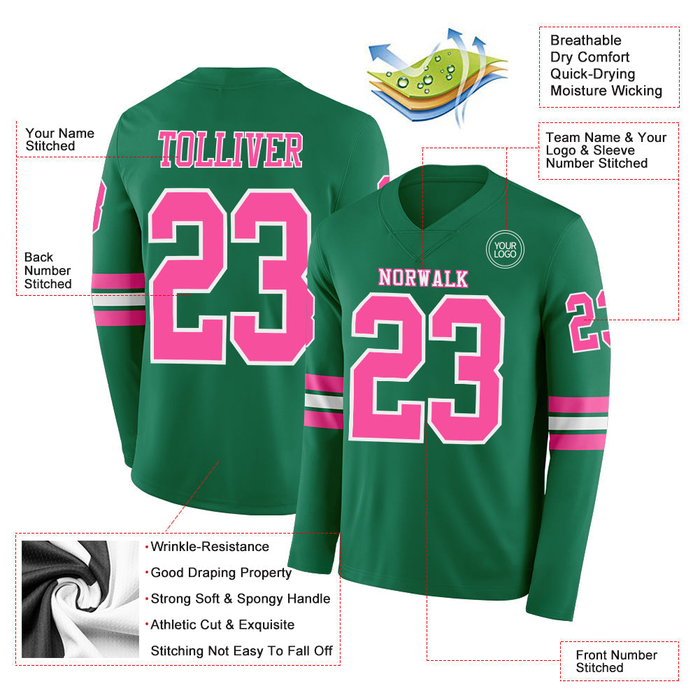 Custom Kelly Green Pink-White Long Sleeve Authentic Football Jersey view 2