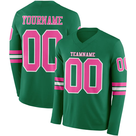 Custom Kelly Green Pink-White Long Sleeve Authentic Football Jersey - Main View
