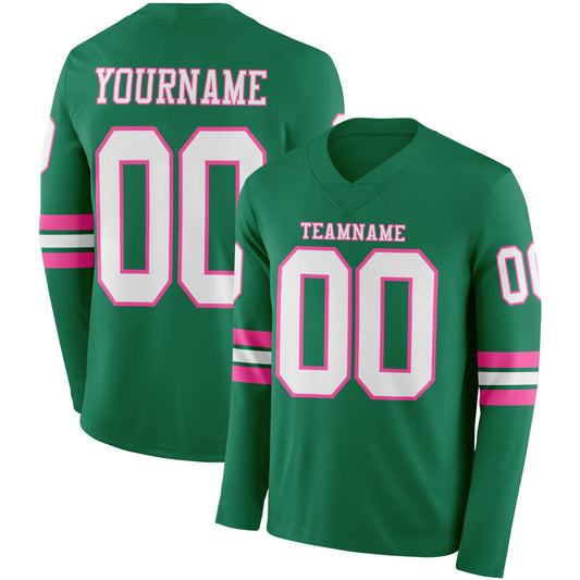 Custom Kelly Green White-Pink Long Sleeve Authentic Football Jersey - Main View