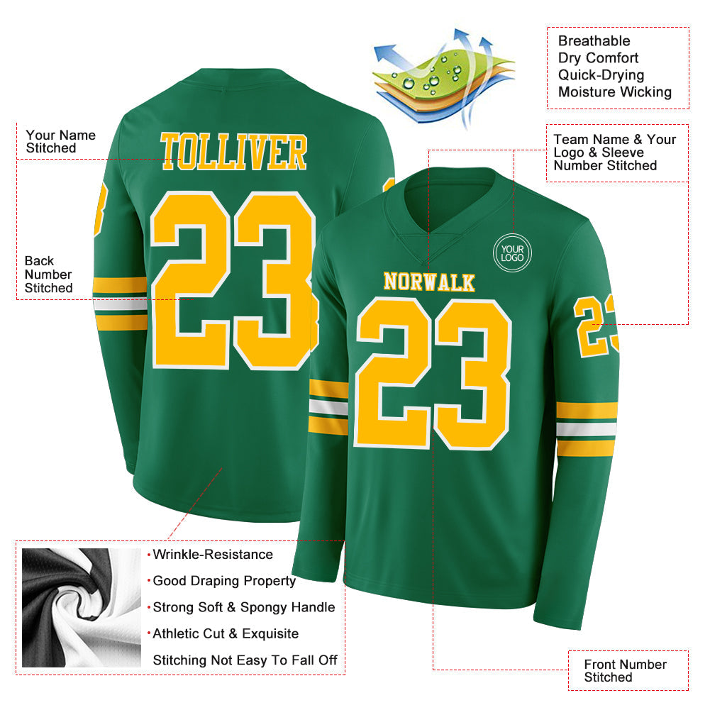 Custom Kelly Green Gold-White Long Sleeve Authentic Football Jersey view 2
