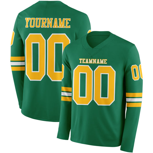 Custom Kelly Green Gold-White Long Sleeve Authentic Football Jersey - Main View