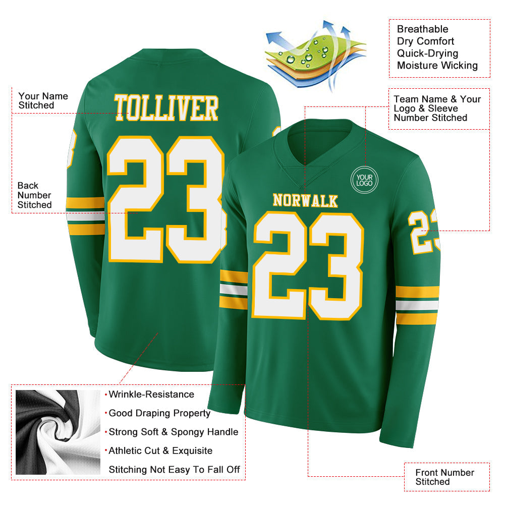 Custom Kelly Green White-Gold Long Sleeve Authentic Football Jersey view 2