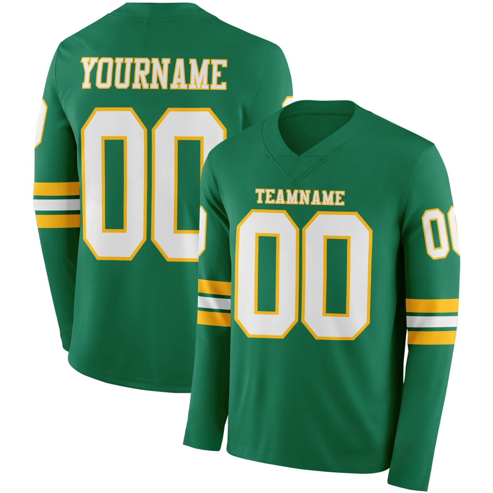 Custom Kelly Green White-Gold Long Sleeve Authentic Football Jersey - Main View