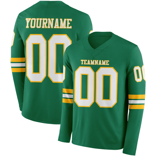 Custom Kelly Green White-Gold Long Sleeve Authentic Football Jersey - Main View
