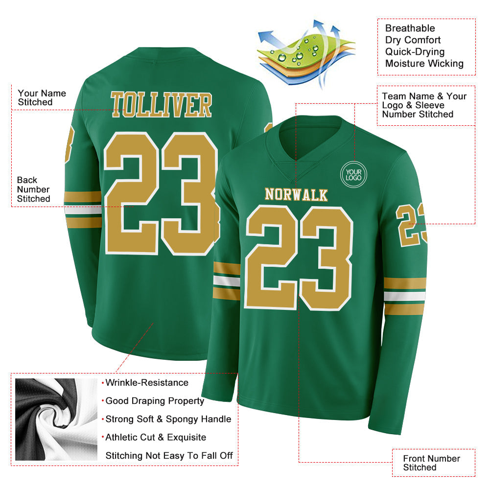 Custom Kelly Green Old Gold-White Long Sleeve Authentic Football Jersey view 2