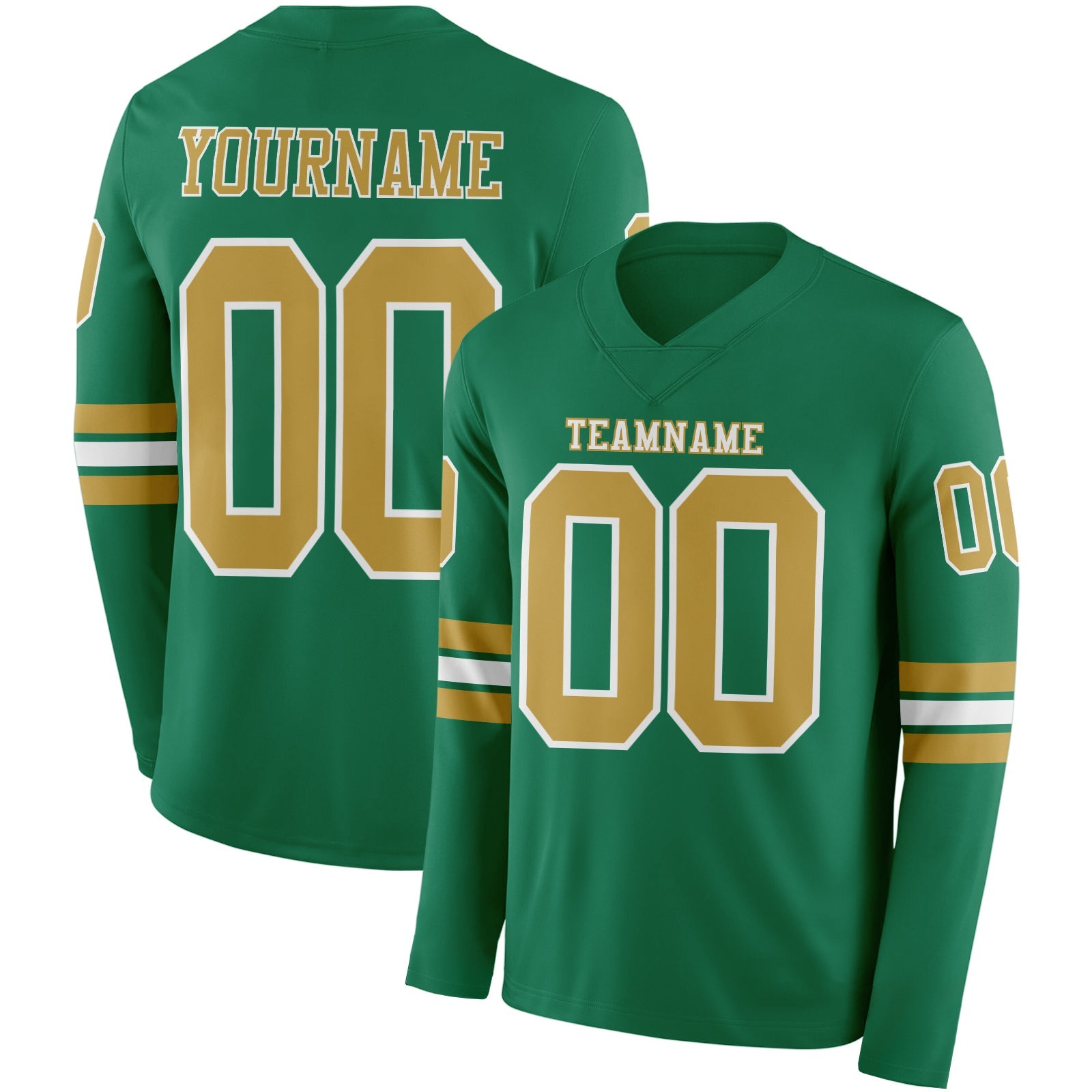 Custom Kelly Green Old Gold-White Long Sleeve Authentic Football Jersey - Main View