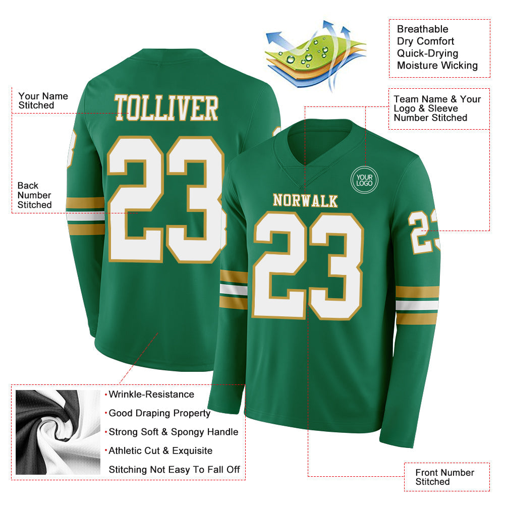 Custom Kelly Green White-Old Gold Long Sleeve Authentic Football Jersey view 2