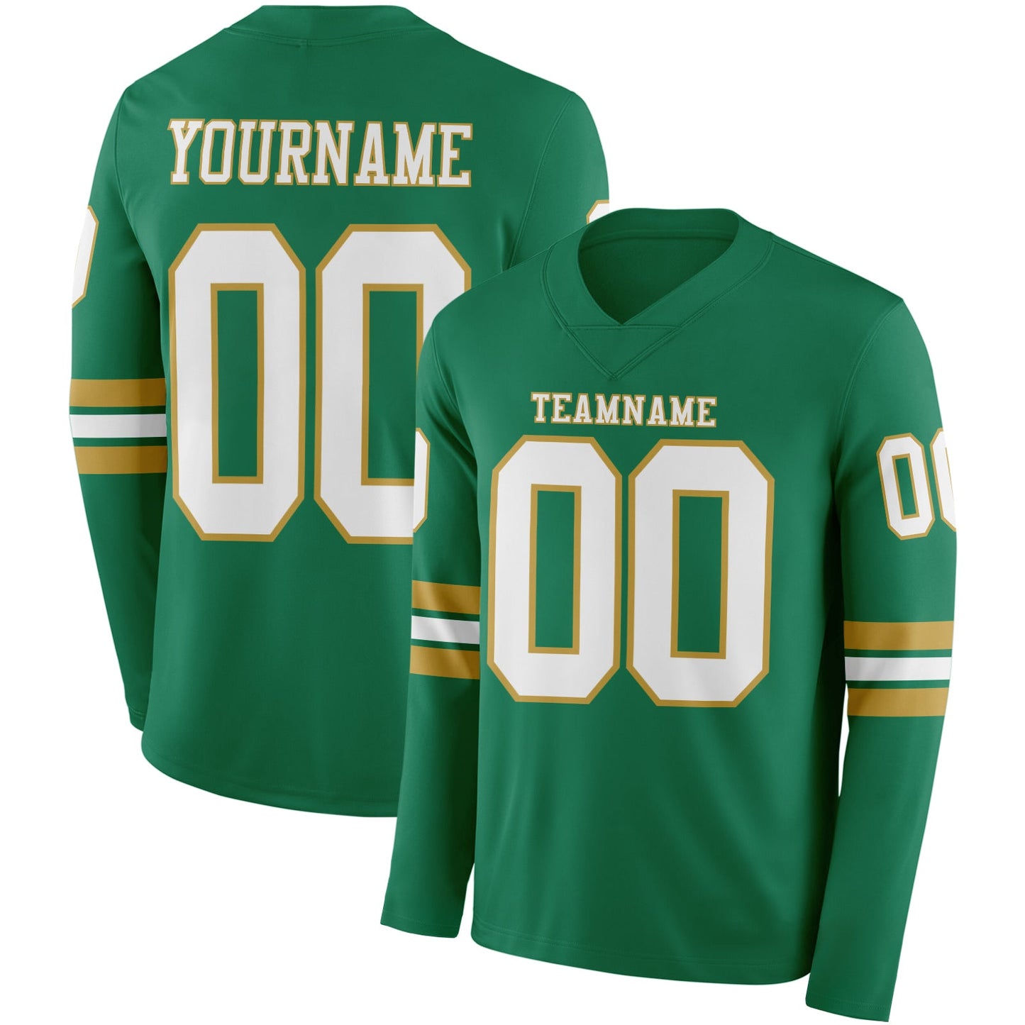Custom Kelly Green White-Old Gold Long Sleeve Authentic Football Jersey - Main View