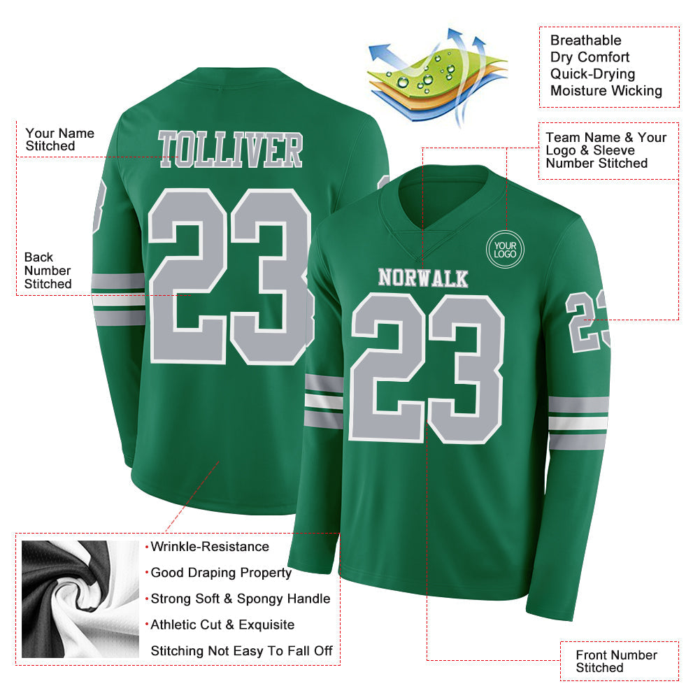 Custom Kelly Green Gray-White Long Sleeve Authentic Football Jersey view 2