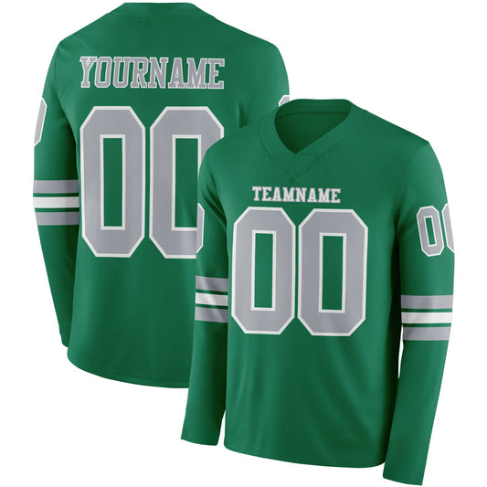 Custom Kelly Green Gray-White Long Sleeve Authentic Football Jersey - Main View