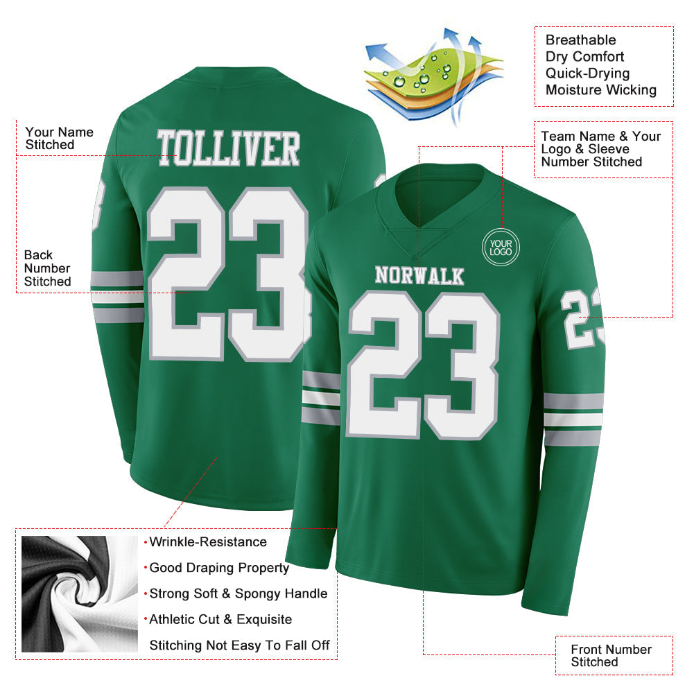 Custom Kelly Green White-Gray Long Sleeve Authentic Football Jersey view 2