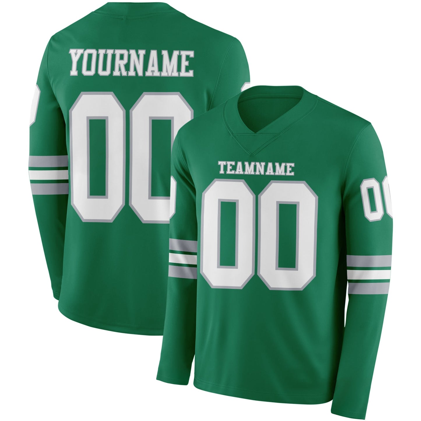 Custom Kelly Green White-Gray Long Sleeve Authentic Football Jersey - Main View