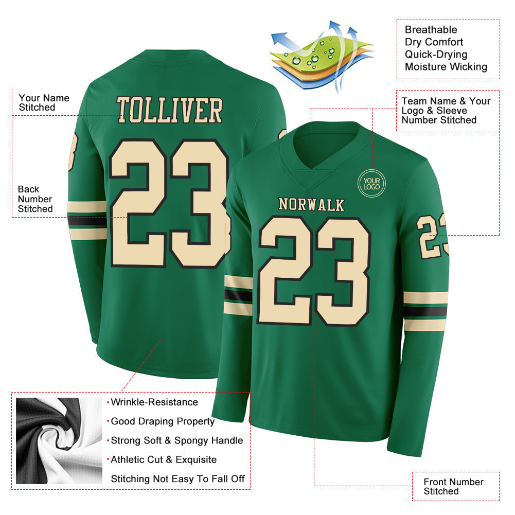 Custom Kelly Green Cream-Black Long Sleeve Authentic Football Jersey view 2