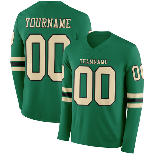 Custom Kelly Green Cream-Black Long Sleeve Authentic Football Jersey - Main View