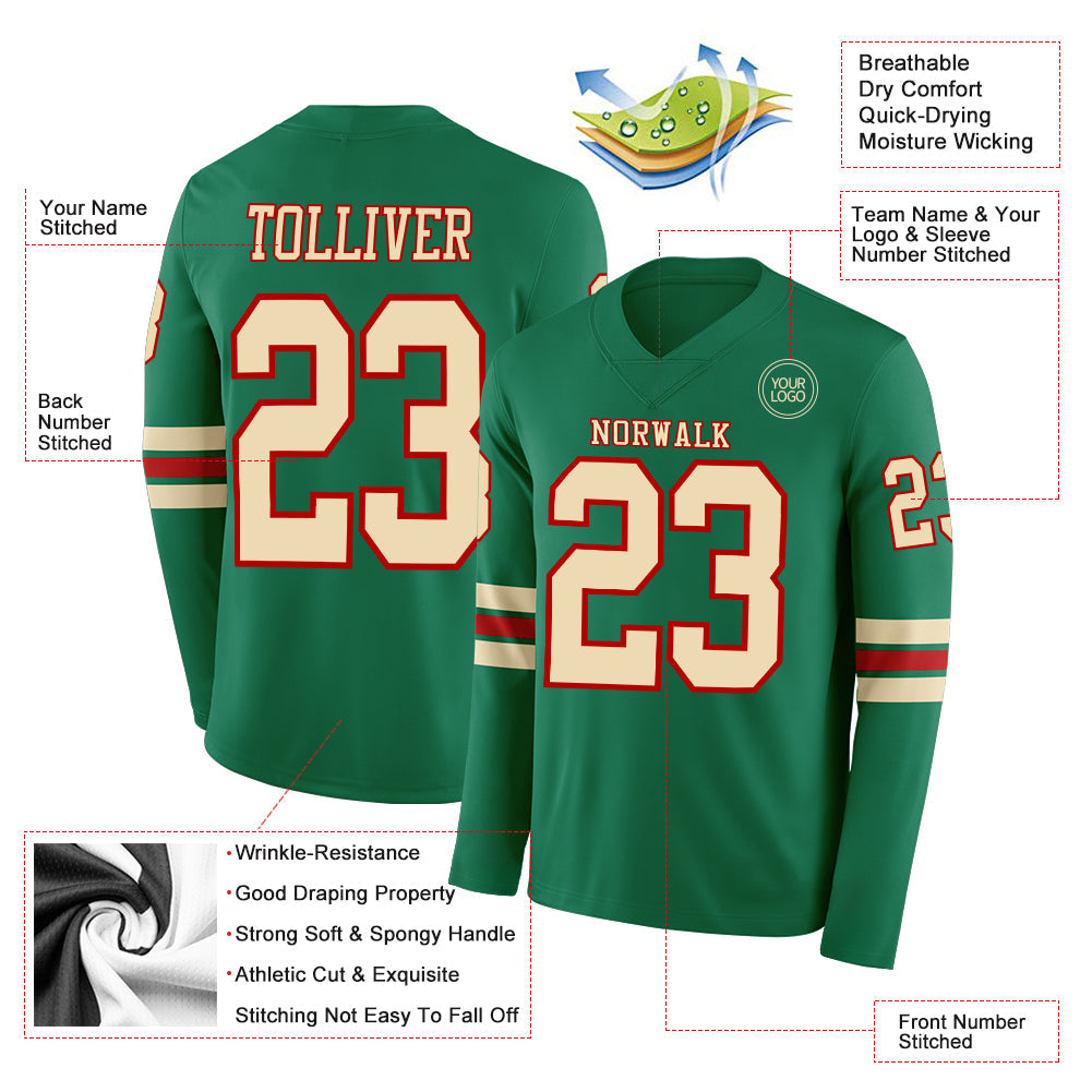 Custom Kelly Green Cream-Red Long Sleeve Authentic Football Jersey view 2