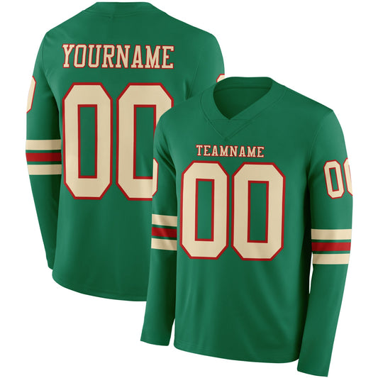 Custom Kelly Green Cream-Red Long Sleeve Authentic Football Jersey - Main View