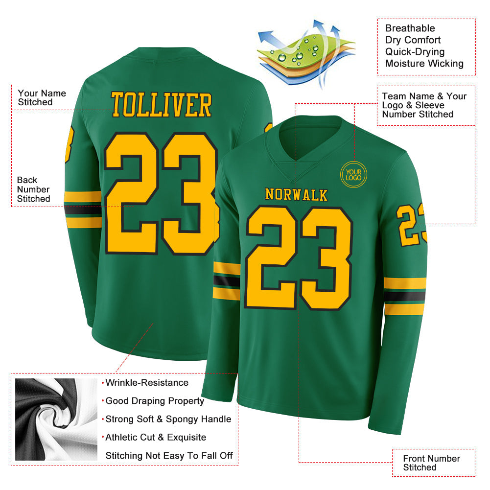 Custom Kelly Green Gold-Black Long Sleeve Authentic Football Jersey view 2