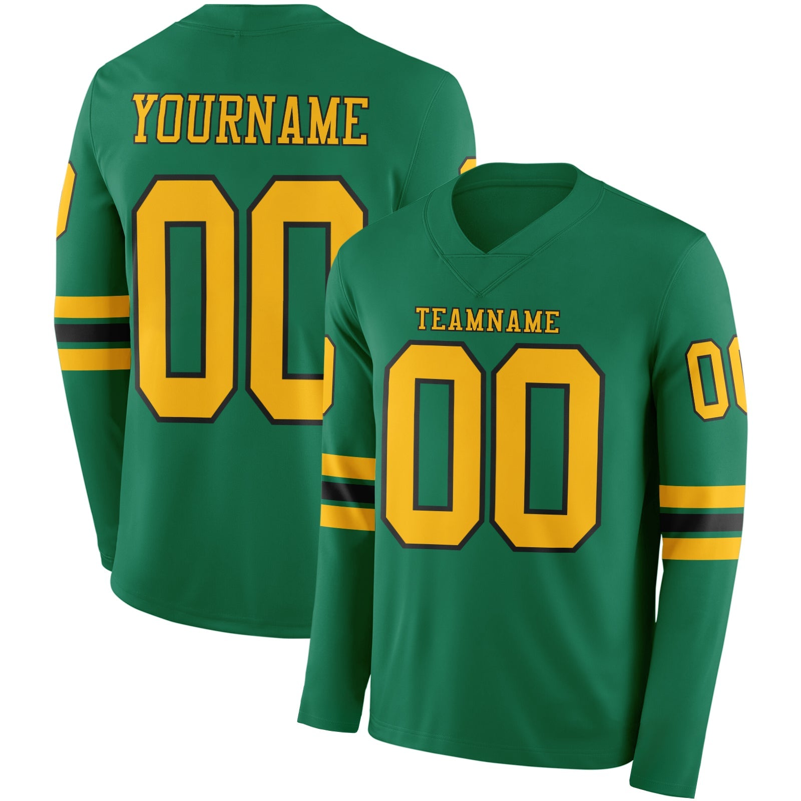 Custom Kelly Green Gold-Black Long Sleeve Authentic Football Jersey - Main View
