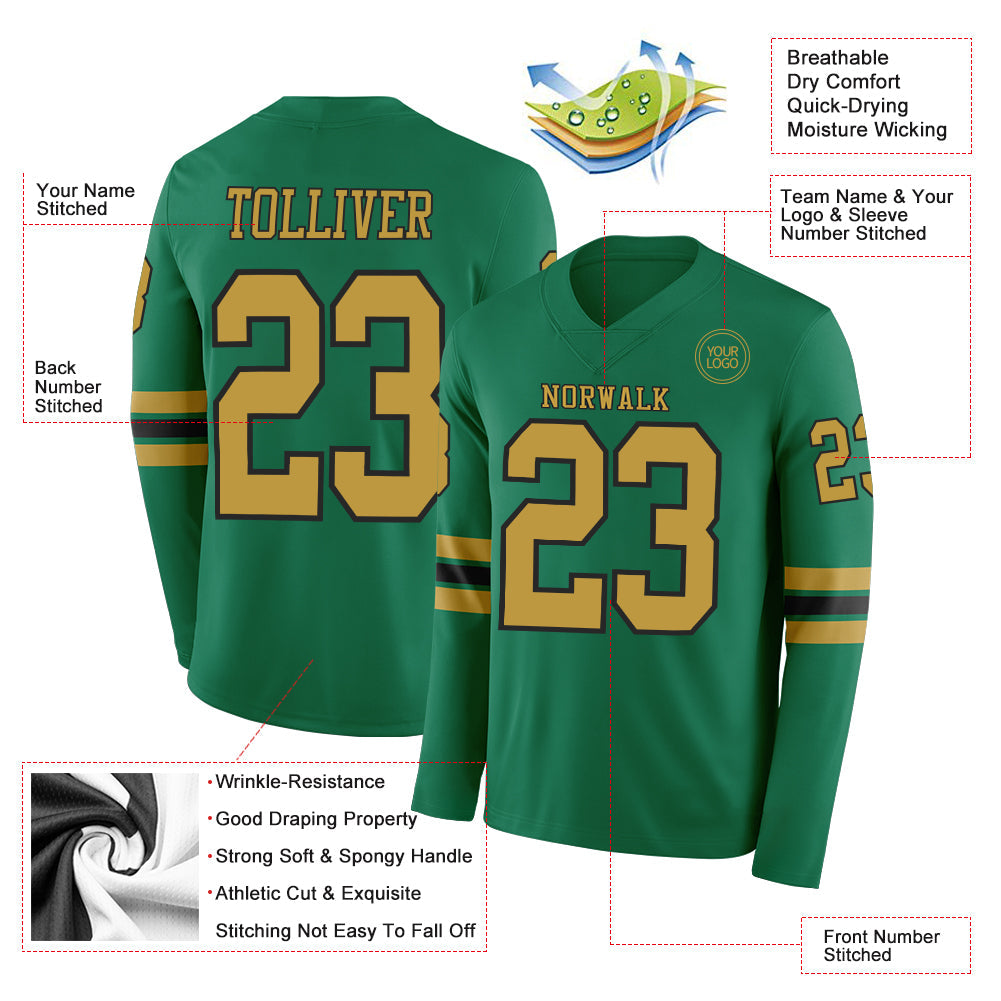 Custom Kelly Green Old Gold-Black Long Sleeve Authentic Football Jersey view 2