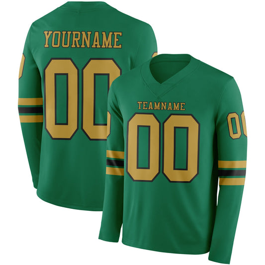 Custom Kelly Green Old Gold-Black Long Sleeve Authentic Football Jersey - Main View