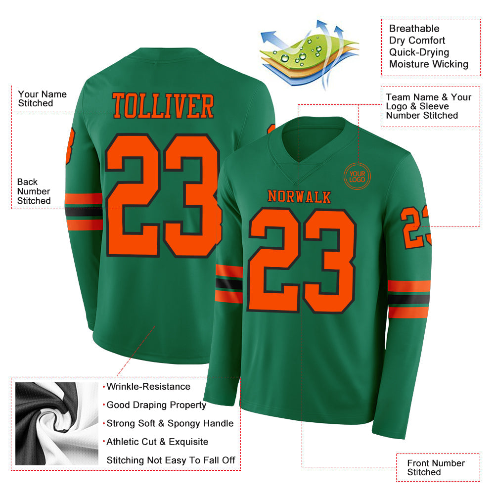 Custom Kelly Green Orange-Black Long Sleeve Authentic Football Jersey view 2
