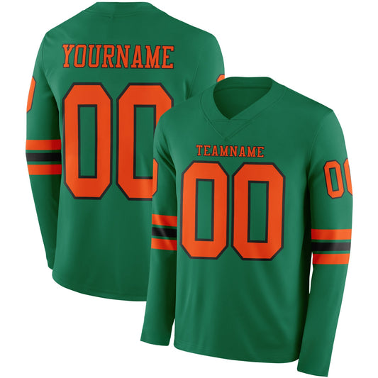 Custom Kelly Green Orange-Black Long Sleeve Authentic Football Jersey - Main View