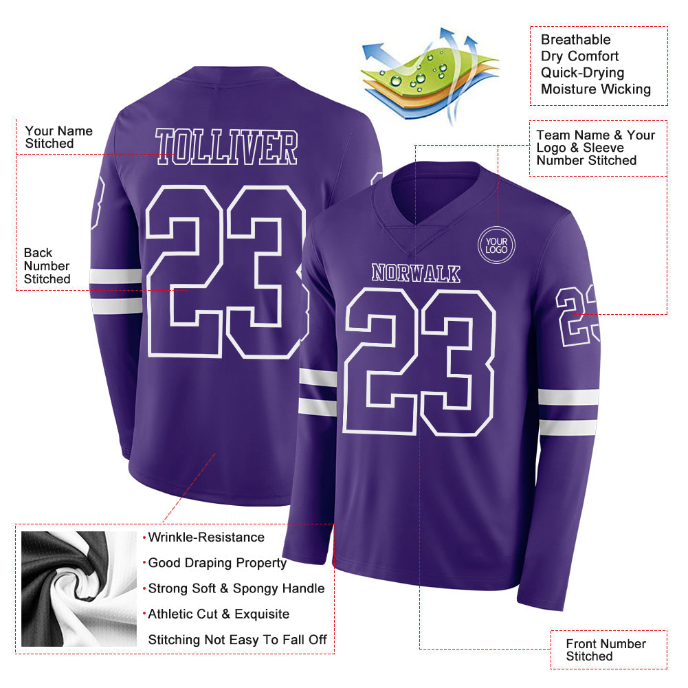 Custom Purple White Long Sleeve Authentic Football Jersey view 2