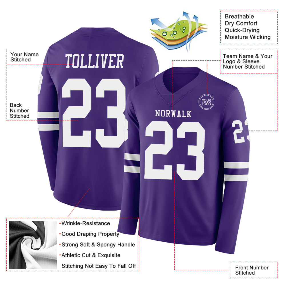 Custom Purple White Long Sleeve Authentic Football Jersey view 2