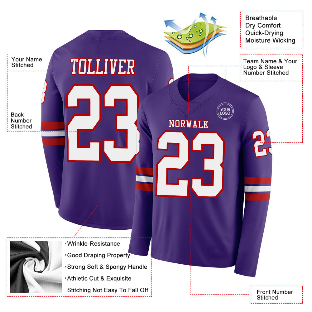 Custom Purple White-Red Long Sleeve Authentic Football Jersey view 2