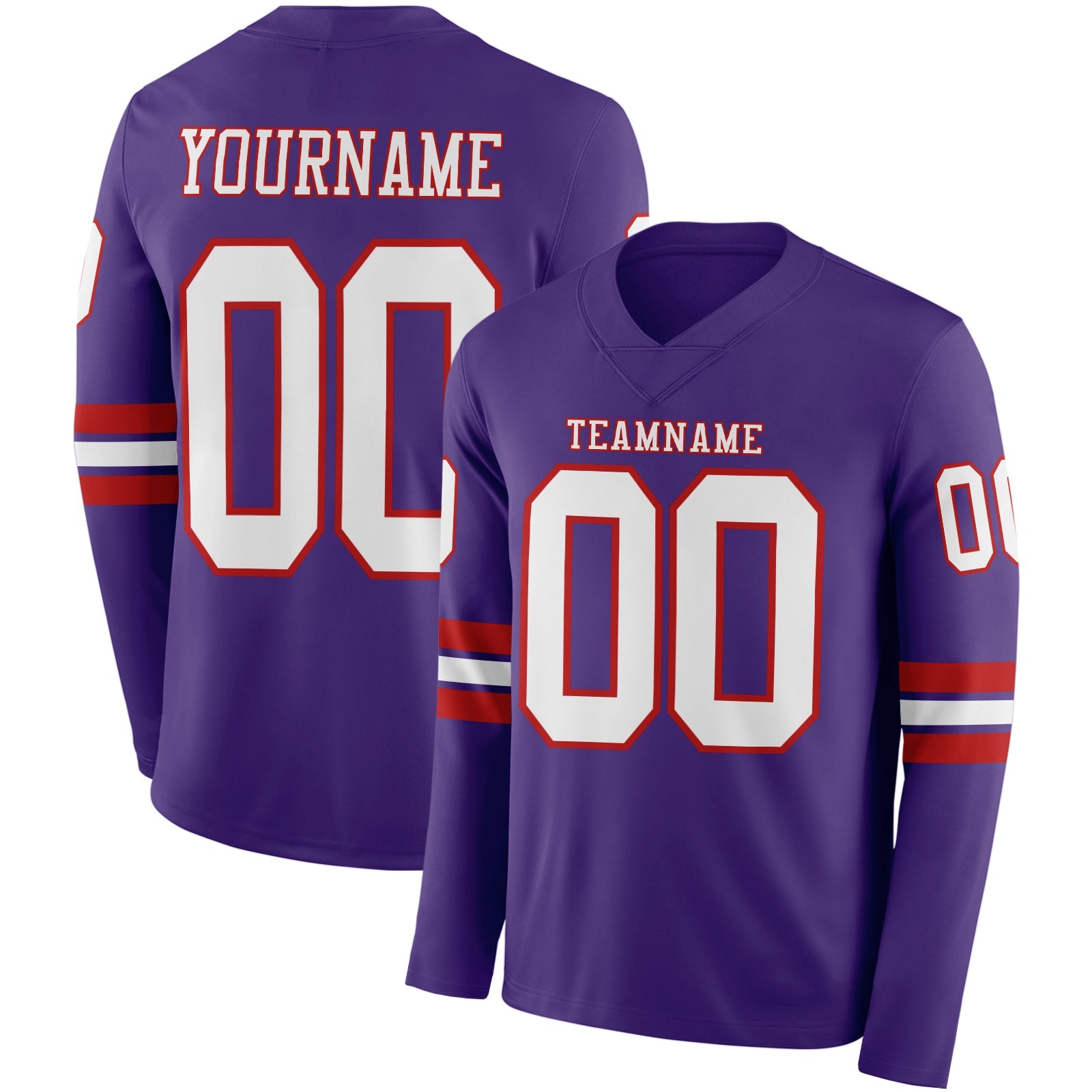 Custom Purple White-Red Long Sleeve Authentic Football Jersey - Main View