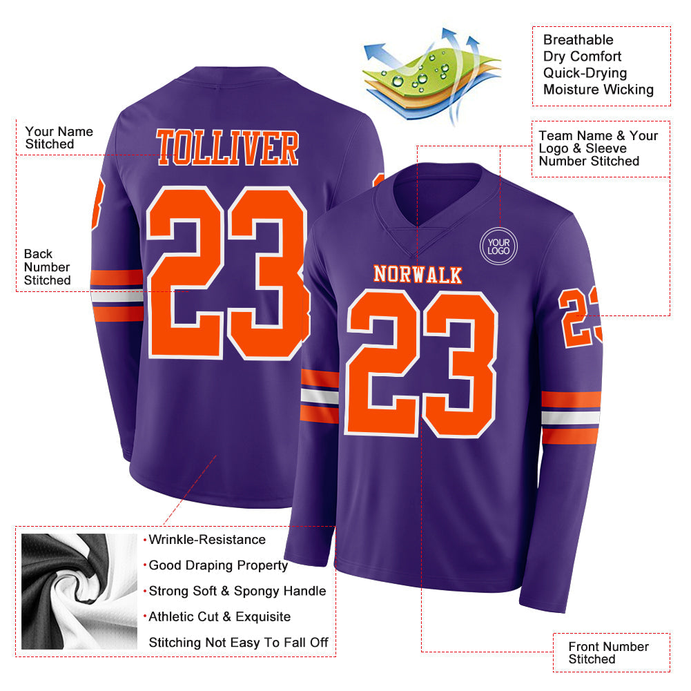 Custom Purple Orange-White Long Sleeve Authentic Football Jersey view 2