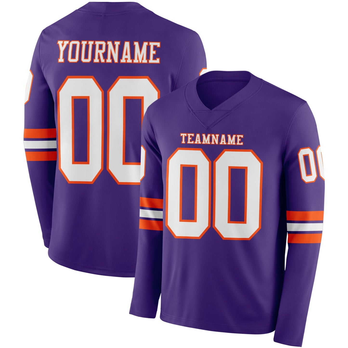 Custom Purple White-Orange Long Sleeve Authentic Football Jersey - Main View