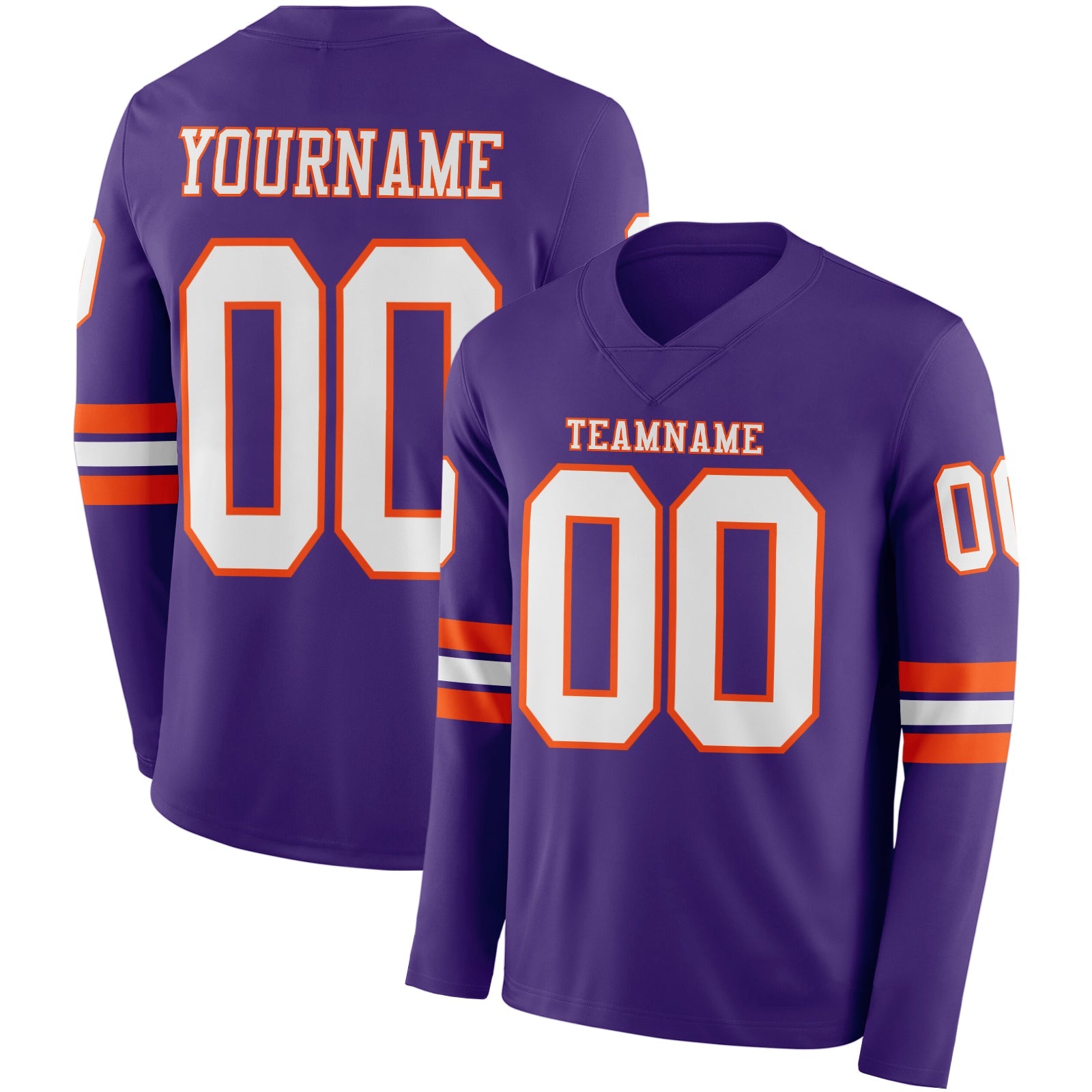 Custom Purple White-Orange Long Sleeve Authentic Football Jersey - Main View